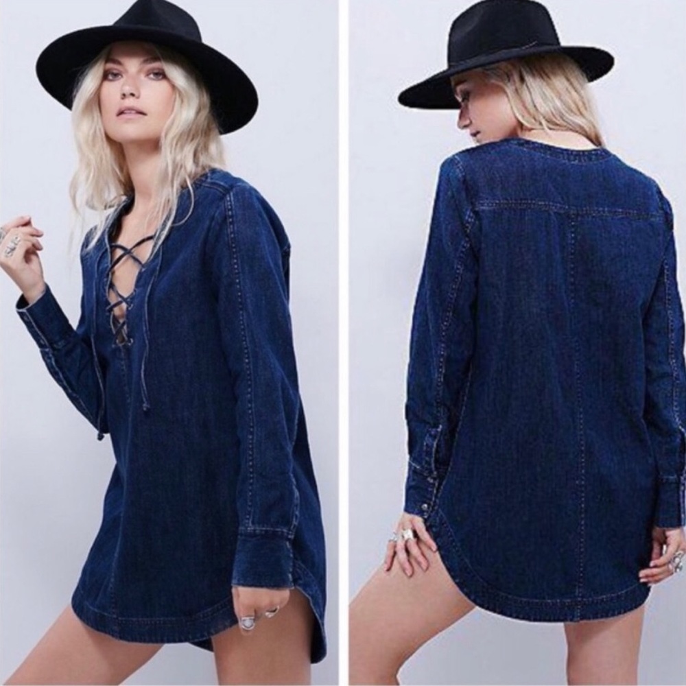 (Small) FREE PEOPLE Tunic Top Denim Neapolitan Dreams Indigo lace up long sleeve